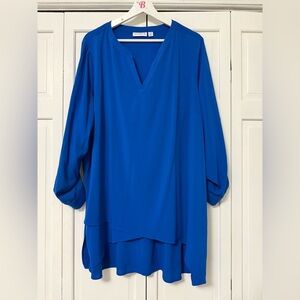 Susan Graver Blouse Women’s 22W Blue Roll Tab Sleeve Royal Blue Asymmetrical Hem